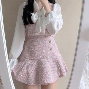 NEW korean pink tweed set with white ruffles